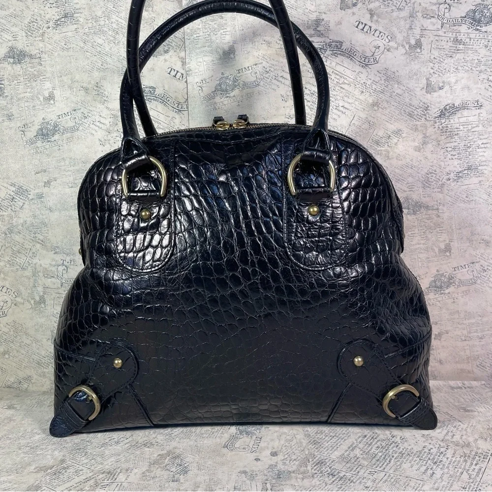Banana Republic Black Croc Embossed Leather Satchel Work Tote Gold Hardware